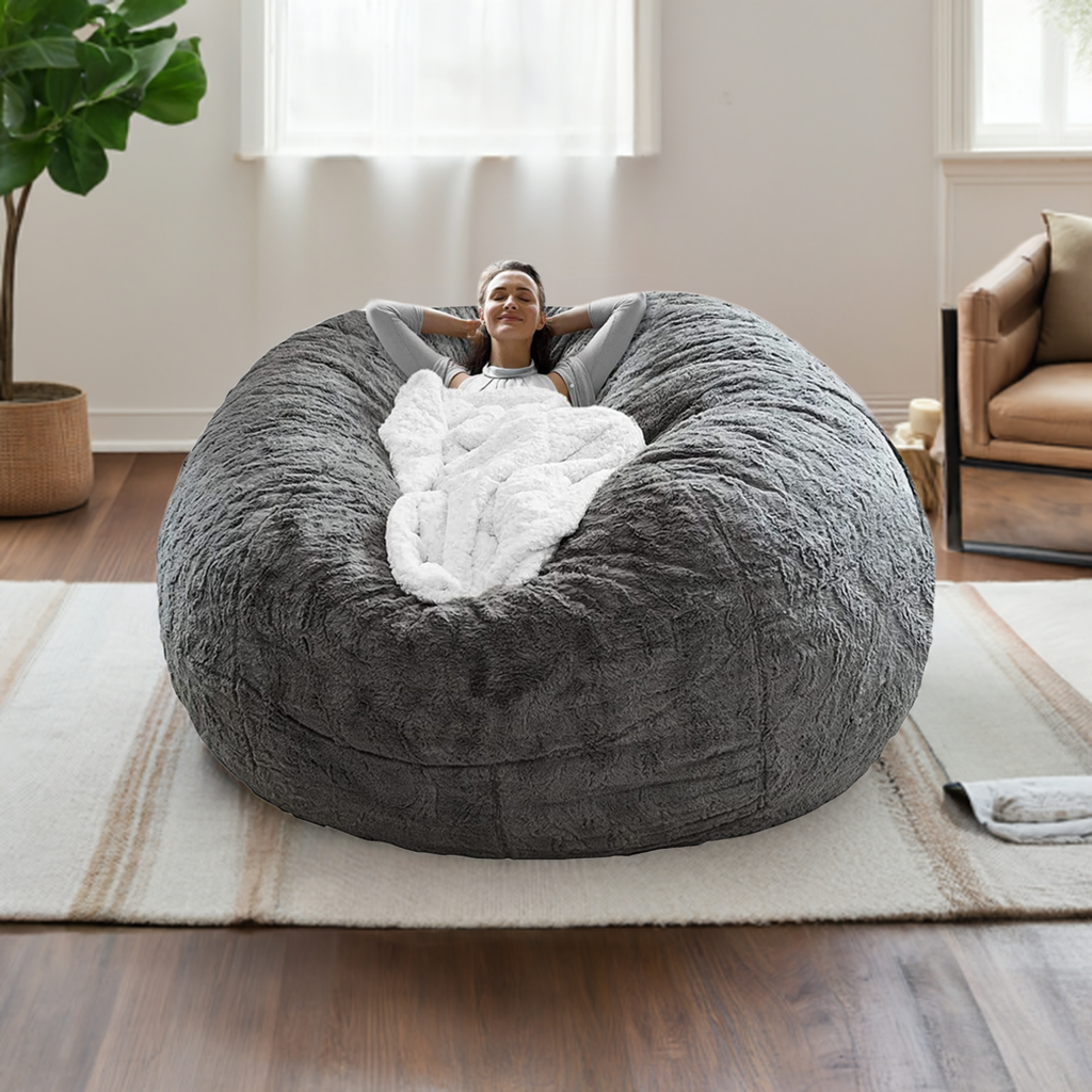 5FT Fluffy Bean Bag Chair Cover – Soft PV Velvet Sofa Cushion for Lazy Lounge, Round Oversized Seat Cover, Cozy Living Room Furniture Dark Grey