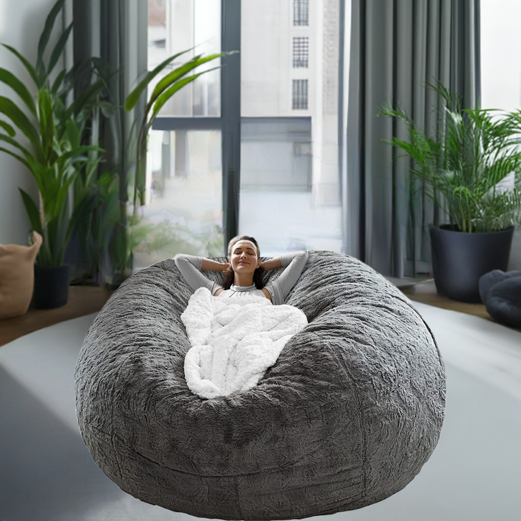 5FT Fluffy Bean Bag Chair Cover – Soft PV Velvet Sofa Cushion for Lazy Lounge, Round Oversized Seat Cover, Cozy Living Room Furniture Dark Grey