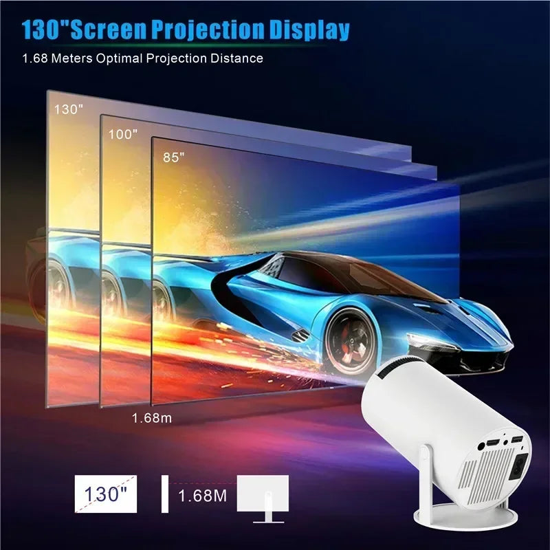 HY300 Pro Plus projector used in a cozy home cinema room