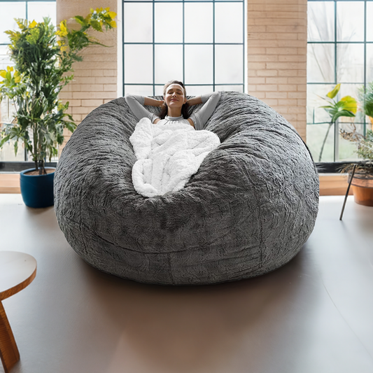 5FT Fluffy Bean Bag Chair Cover – Soft PV Velvet Sofa Cushion for Lazy Lounge, Round Oversized Seat Cover, Cozy Living Room Furniture Dark Grey