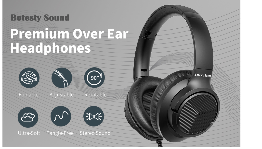 Wired Headphones with Microphone – Foldable Over-Ear, Tangle-Free 4.9 ft. Nylon Cable, 3.5mm Jack for Smartphone, Tablet, PC, MP3 (Black)
