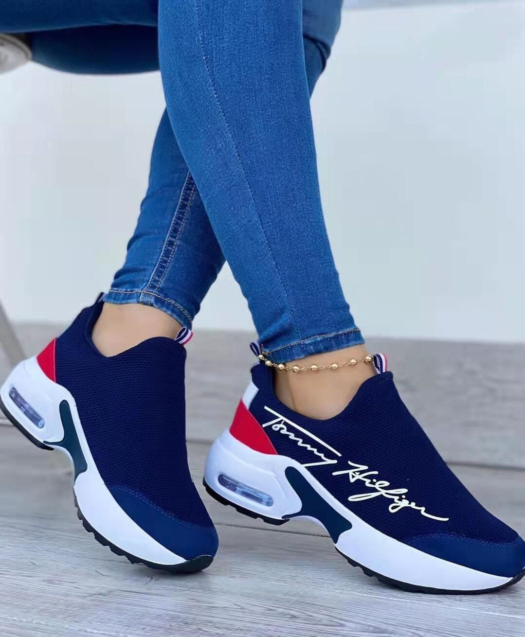 Women's Flat Sneakers with Casual and Breathable Design - Tommy Hilfiger Style, Comfortable Wedge Shoes for Walking