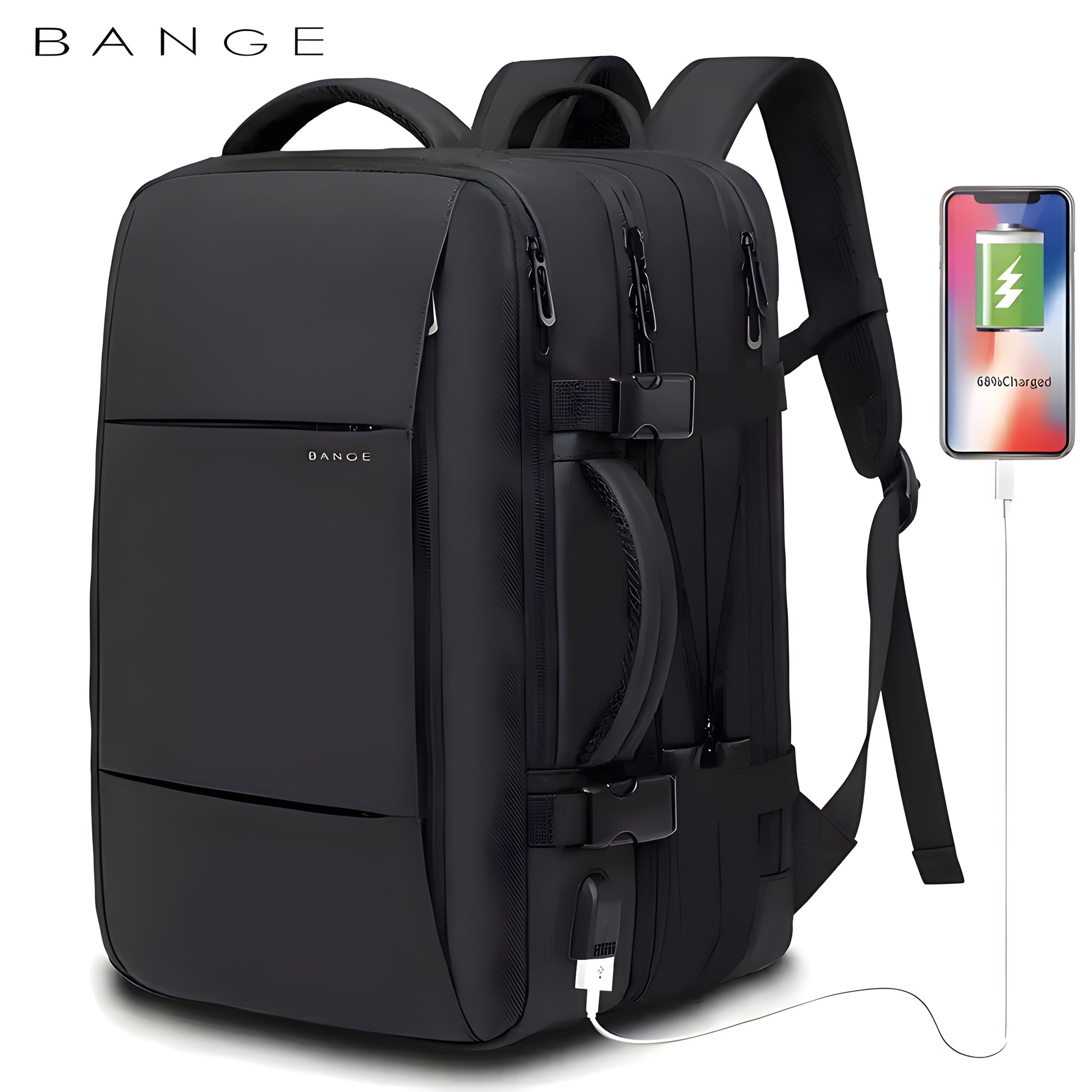 BANGE expandable waterproof travel backpack with USB charging and laptop compartment.