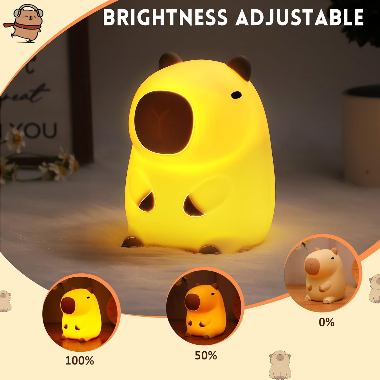 Color-changing capybara night light creating a soothing atmosphere