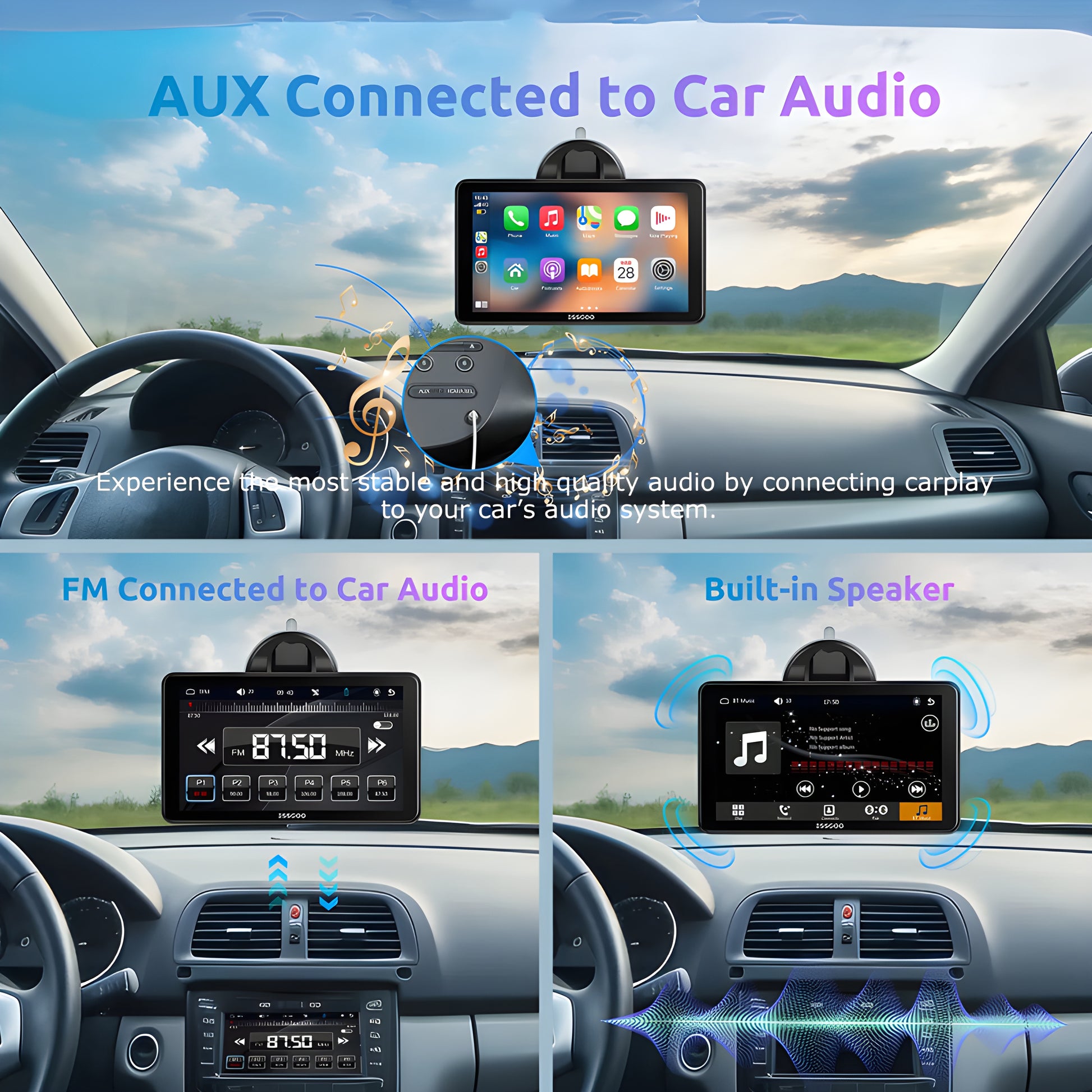 Double DIN car radio with wireless CarPlay and advanced sound settings