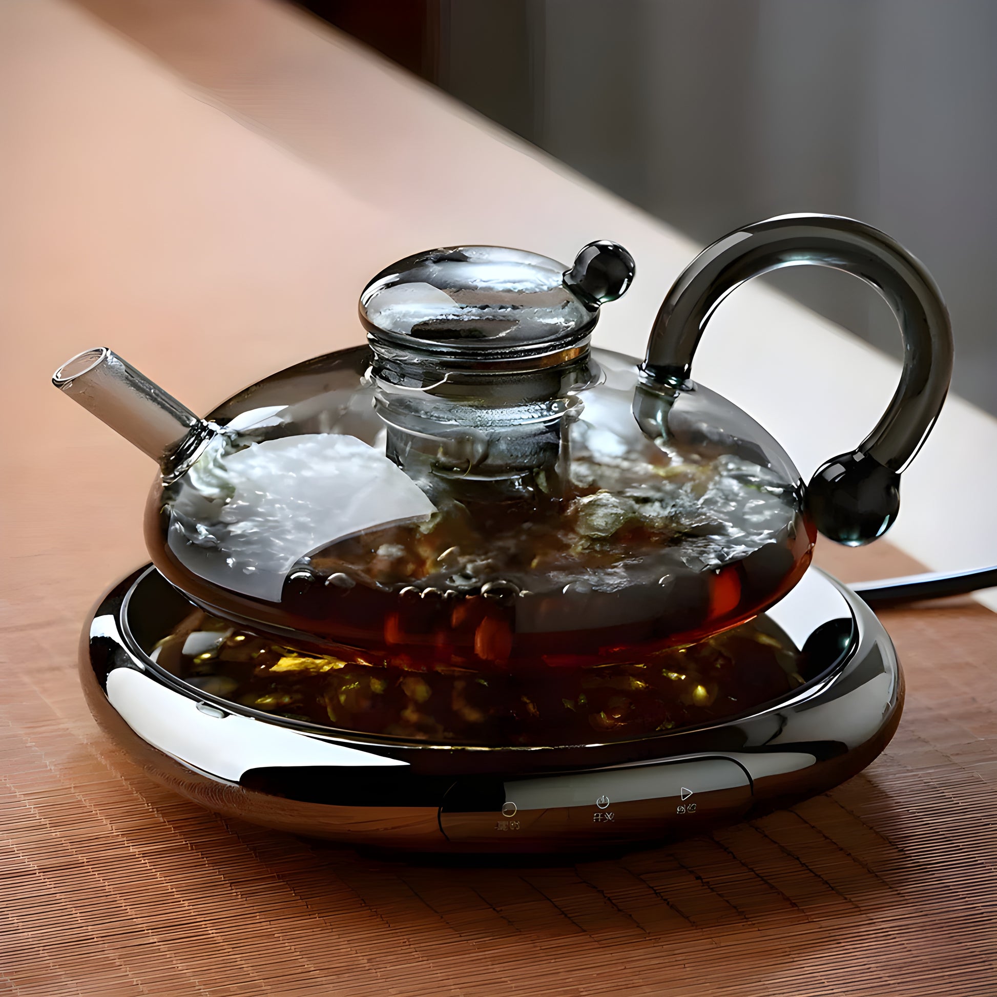Elegant glass flower tea teapot set with British-style design and heat-resistant glass.