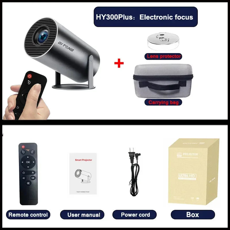 HY300 mini projector showing dual WIFI connectivity setup with smartphone