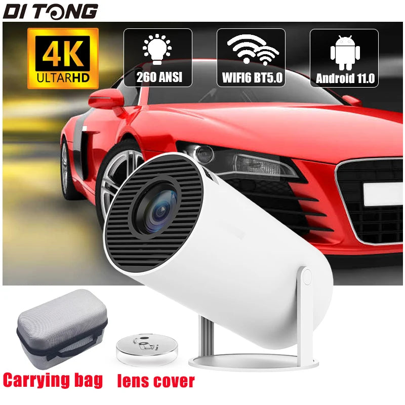 HY300 Pro Plus 4K mini projector displaying vibrant visuals in a home theater setup