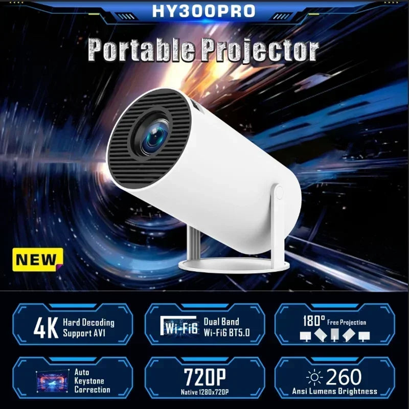 HY300 projector displaying a movie on a large indoor screen