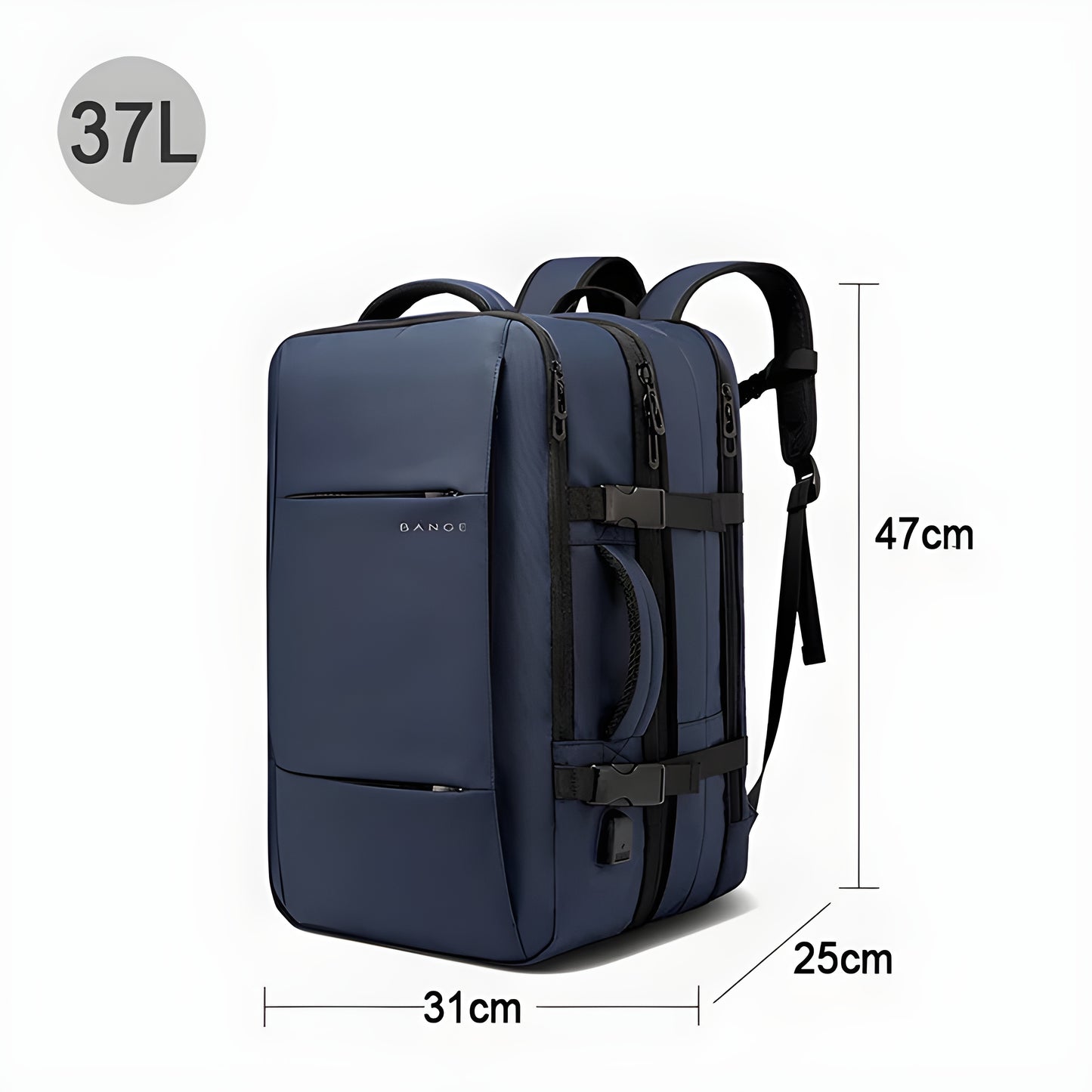"Large capacity expandable backpack for short trips and business travel."
