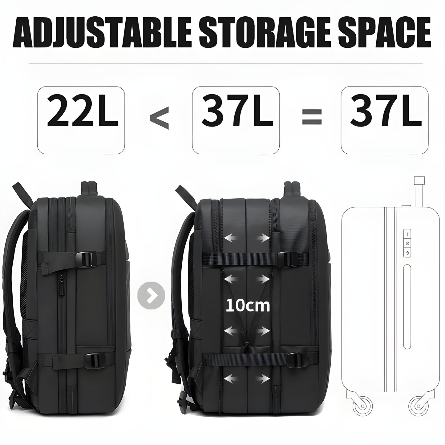 Travel backpack with multiple zippered compartments for better organization.